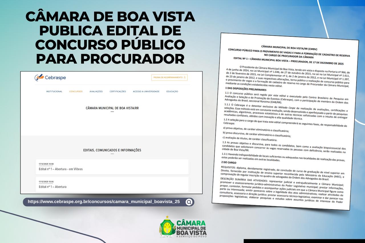 Câmara de Boa Vista publica edital de concurso público para procurador