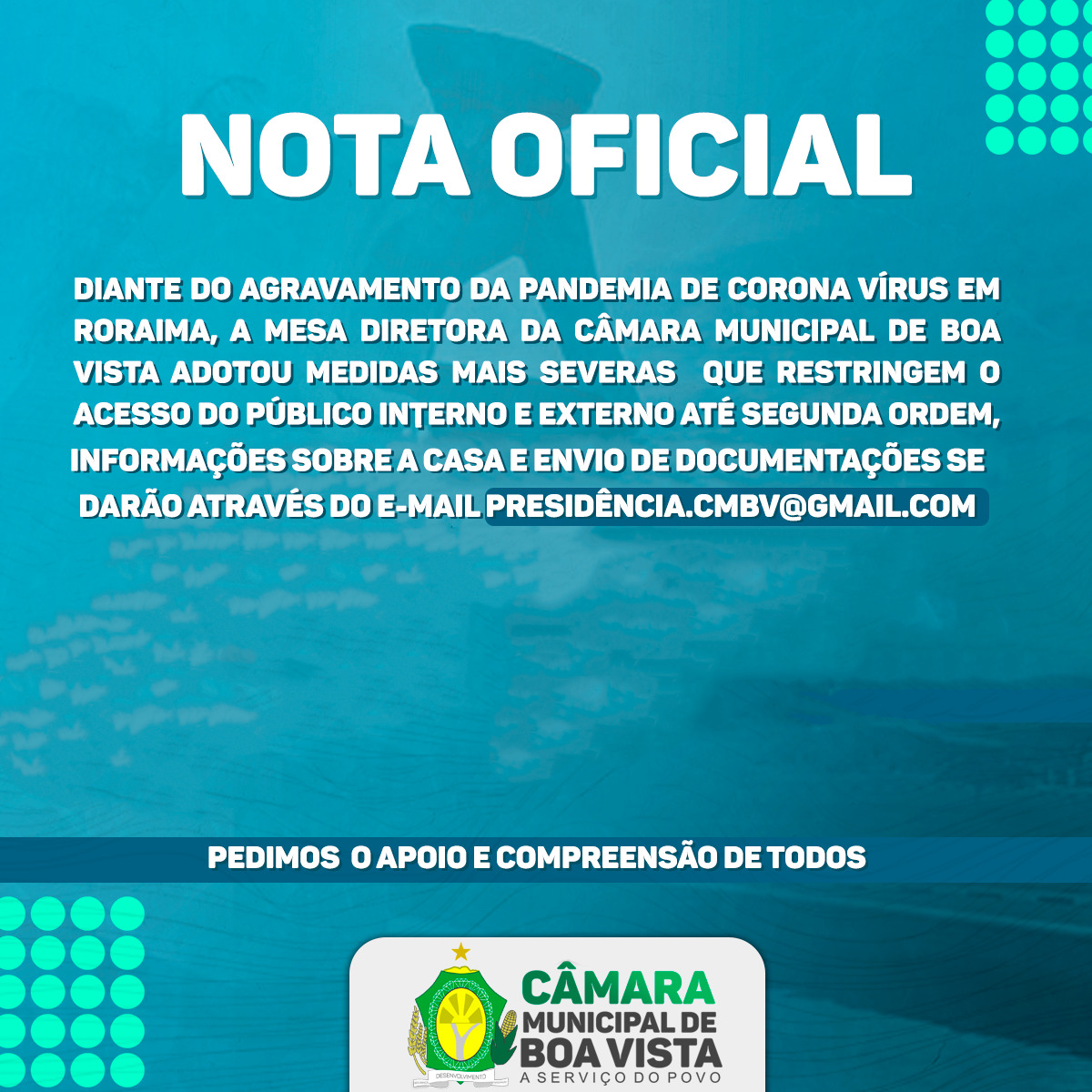 Nota sobre funcionamento da Câmara durante a pandemia.